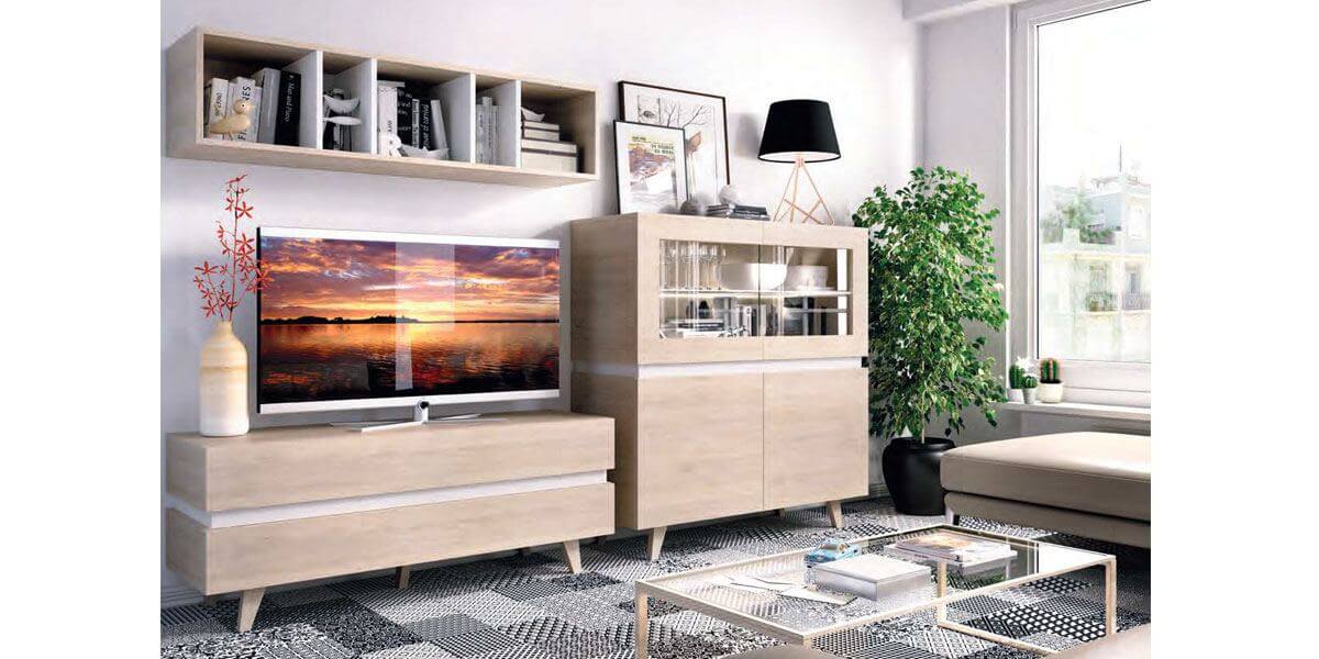 Salón modular 255 x 45cm. Vitrina, estante y mueble TV