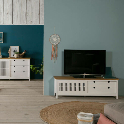 Mueble tv blanco y madera