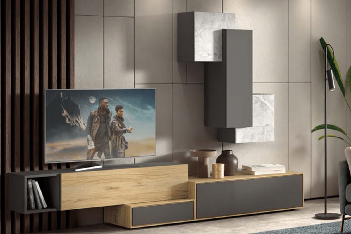 compo26 (1) Salón modular ARIS 274cm. Roble, grafito y mármol