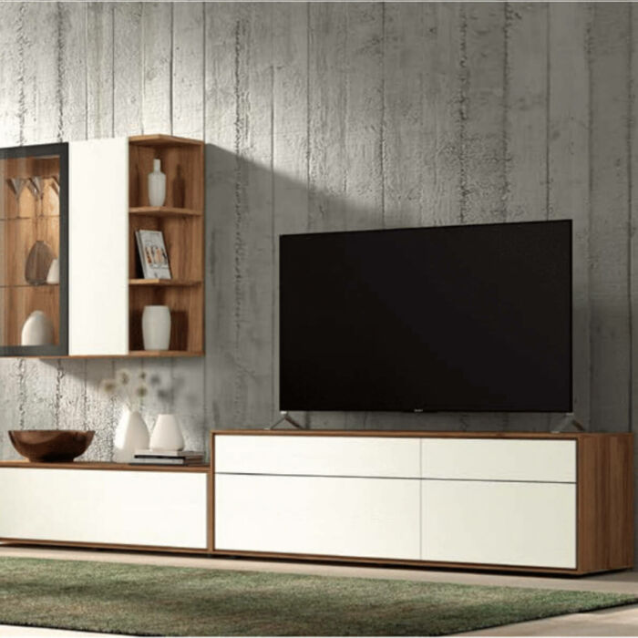 Mueble TV blanco y roble oscuro 155 cm
