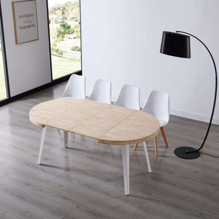 Mesa comedor redonda extensible roble nordish y blanco