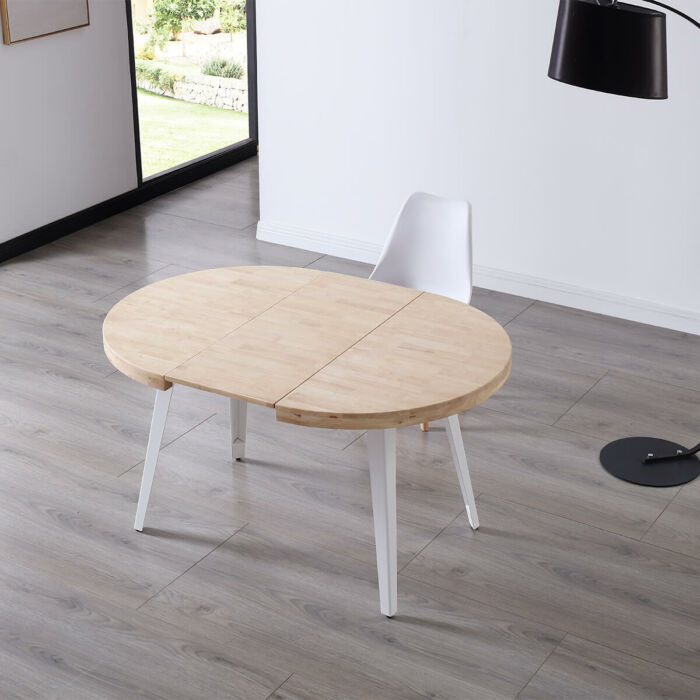 Mesa comedor redonda extensible roble nordish y blanco