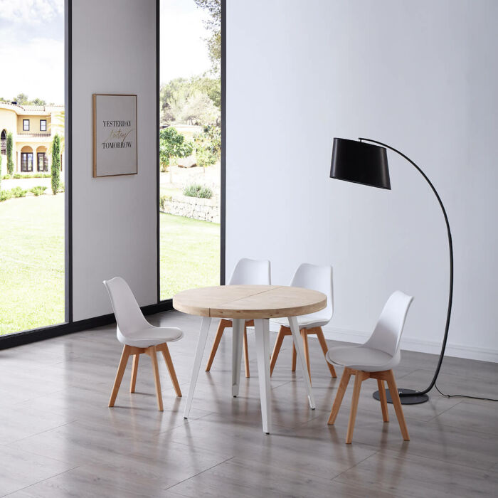 Mesa comedor redonda extensible roble nordish y blanco