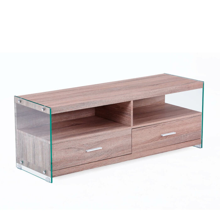 Mueble tv roble y cristal.