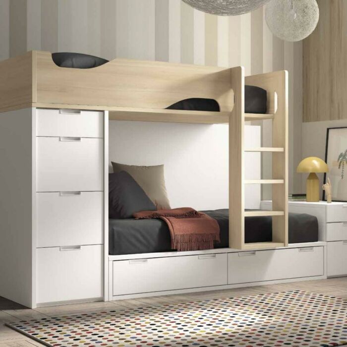 Cama litera compacta con almacenaje