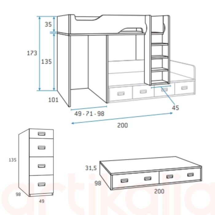 Cama litera compacta con almacenaje