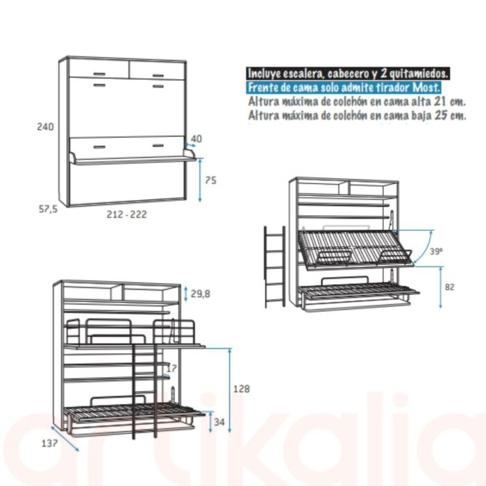 Cama doble abatible con escritorio y altillo