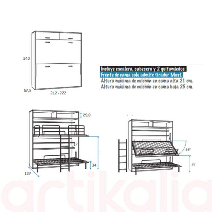 Cama doble abatible con altillo