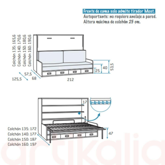 Cama abatible horizontal 135cm con sofá