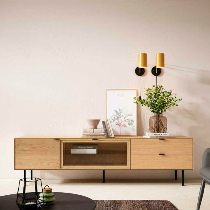 Mueble TV madera natural vitrina