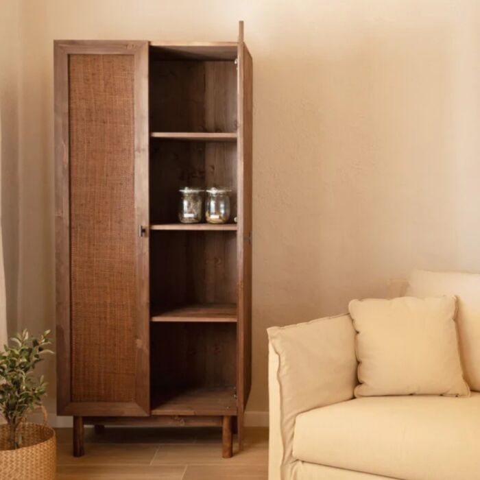 Armario de madera maciza y rafia PUSTO en tono nogal 180x80cm - Imagen 2