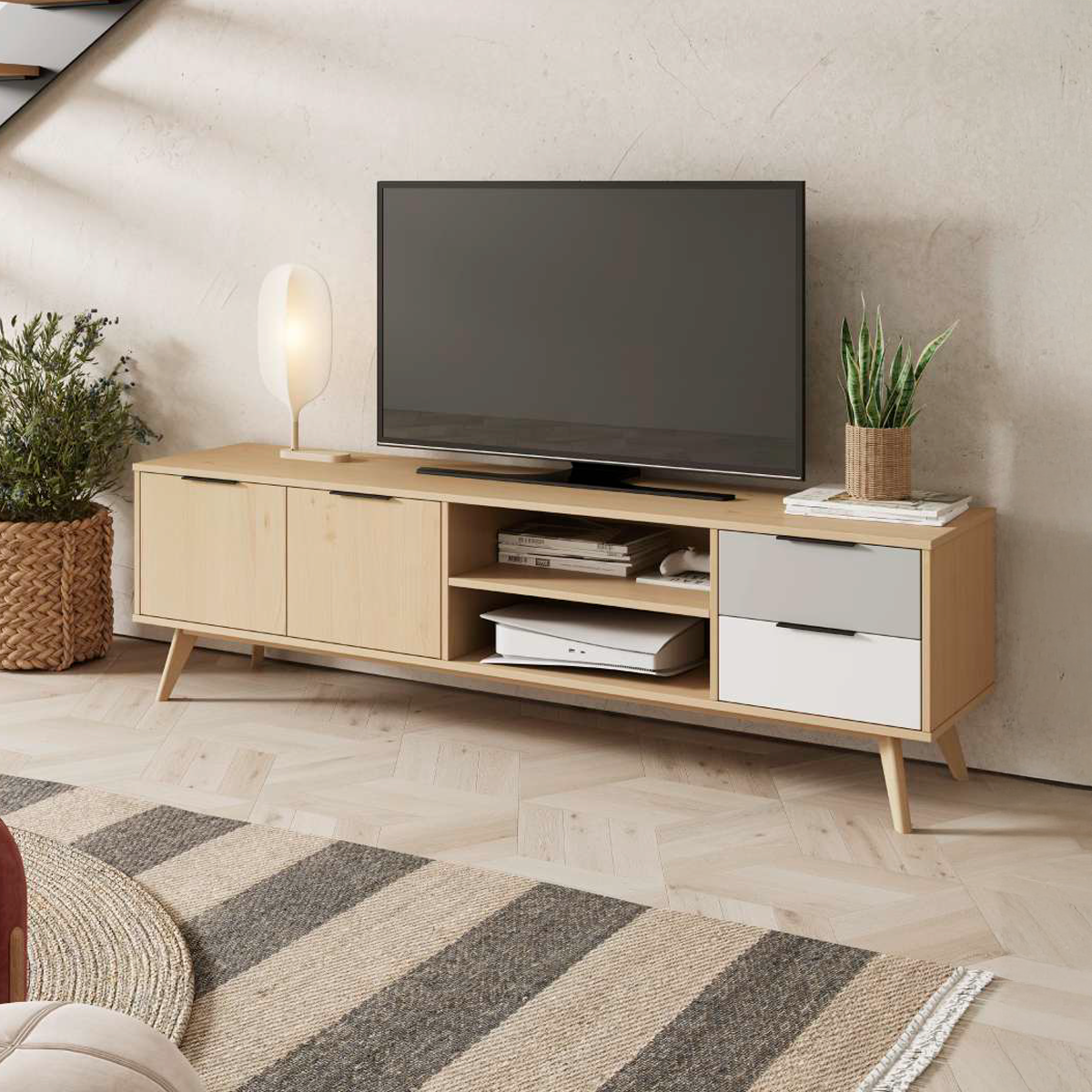 mueble tv pino 180cm BRISKET roble blanco gris